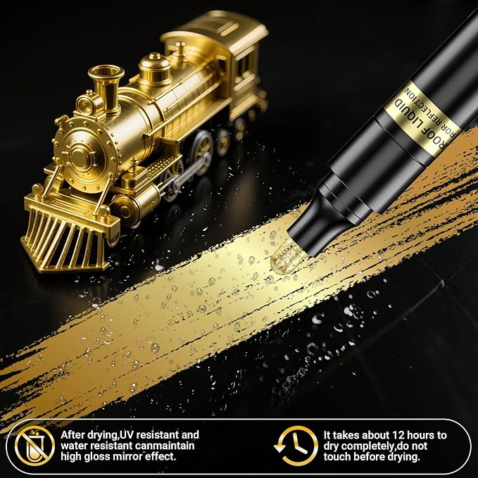 3Pcs Gold Liquid Mirror Chrome Markers, Permanent Reflective Metallic Gold Paint Pen, High Gloss Car DIY Model Painting, Touch Up Repair Kit for Plastic Metal Glass Fabric Ceremic Resins