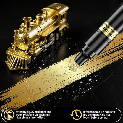 3Pcs Gold Liquid Mirror Chrome Markers, Permanent Reflective Metallic Gold Paint Pen, High Gloss Car DIY Model Painting, Touch Up Repair Kit for Plastic Metal Glass Fabric Ceremic Resins