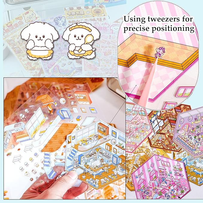 DIY 3D Sticker Scene 6 Sets of Stickers for Girls Make Your Own Mini Room Scene Stickers for Kids Cute Kawaii Sticker Therapy for Adult Relief Stress Pass The Time