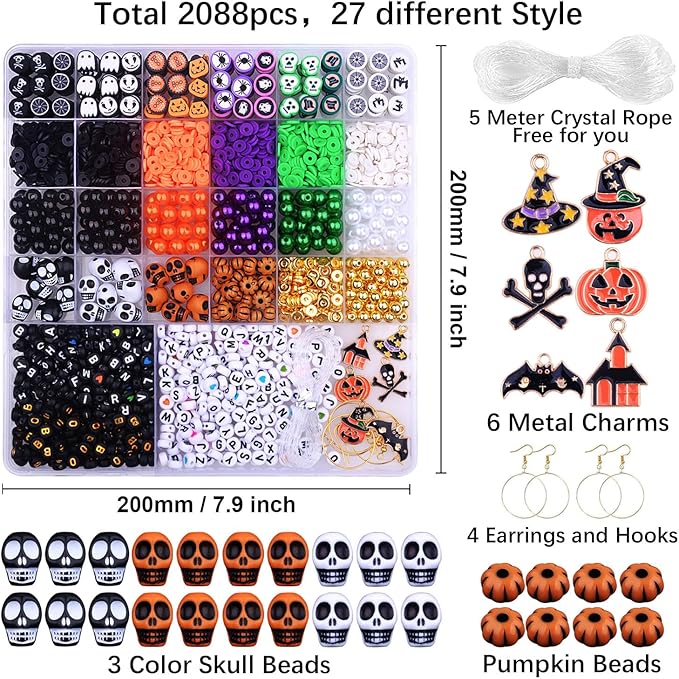 2088pcs Halloween Polymer Clay Beads Bracelet Making kit, 24 Style Cute Fun Beads Skull Pumpkin Beads Charms for Jewelry Necklace Earring Making DIY Accessories for Women Girls