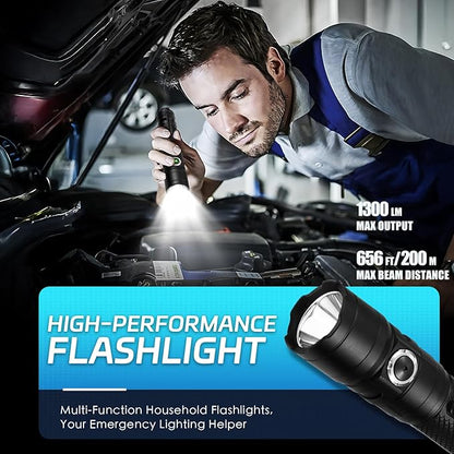 Tactical Flashlight with Holster for Duty Belt, 1300 High Lumen Police Flashlight - 6 Mode Rechargeable LED Flashlight for Camping/Law Enforcement FG10(Black)