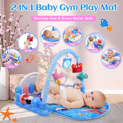 Baby Gyms Play Mats, Baby Toys Tummy Time Mat, Baby Activity Mat Play Piano Gym with 5 Sensory Toys for Babies, Music and Lights Boy & Girl Gifts for Infant Newborn Baby 0-3 4-6 6-9 6-12 Months