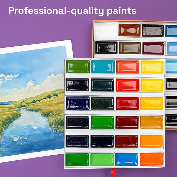 ARTISTRO Professional Watercolor Paint Set for Adults - 48 Pigment-Rich Colors, XL Pans, ASTM-I Lightfastness, High Tinting Strength Watercolor Set for Professionals made by professionals