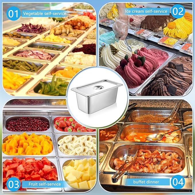 4 Pack hotel pans with lids 1/3 Size x 6 Inch Deep stainless steel steam table pan Commercial Gauge restaurant supplies Anti Rust metal food containers Catering storage for Party, Buffet, Home