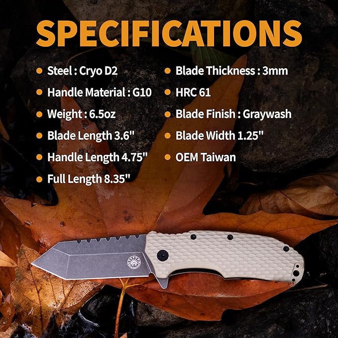 Off-Grid Knives - Rapid Fire Viper, Assisted Tanto Blade, Hard Use Build, Tactical, Camping & Survival EDC, Cryo D2 Steel, Graywash, Coyote G10 Scales, Deep Pocket Carry (Coyote)