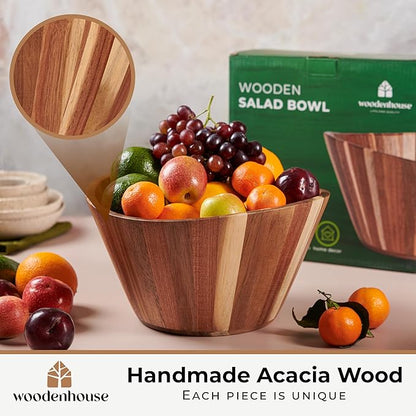 Woodenhouse Wooden Salad Bowl, Wooden Bowl, Fruit Bowl - 12" Wavy Large Salad Bowl for Serving, Handmade, Durable and Stylish Natural Wood Dining Accessory