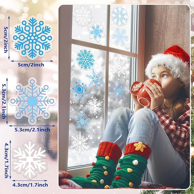 MARFOREVER 50 PCS Winter Gel Window Clings Stickers Reusable Christmas Snowflake Thick Gel Clings Decals for Kids Classroom Home Winter Christmas Party Supplies Window Glass Decorations