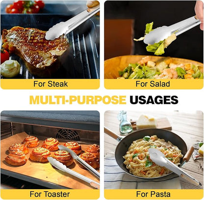 2 Pcs Tongs For Cooking - 9 Inch and 12 Inch, Stainless Steel Kitchen Tongs, Heat Resistant 1100°F, Pull Ring Lock, Solid Wood Handles, For Grilling, Barbecuing, Cooking