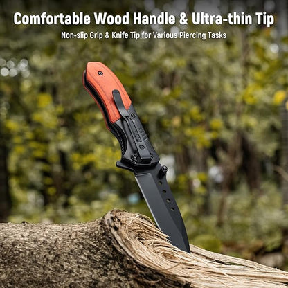 Pocket Knife for Men - 2.98" Sharp Blade Wood Handle Pocket Folding Knives with Clip, Glass Breaker - Small EDC Knives for Survival Camping Hunting Fishing Hiking Women, Black