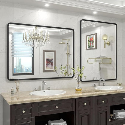 48x30 Black Bathroom Mirror, Rounded Rectangle Mirror, Shatterproof