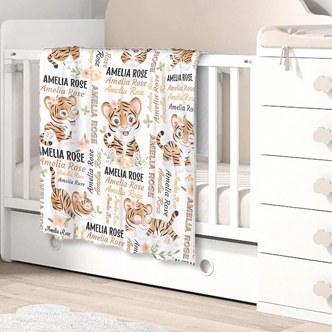 Personalized Baby Blanket for Girls Boys Kids Tiger Custom Baby Blanket with Name Throw Birthday Gift for Toddlers Infants Shower Newborns Nursery Stroller Crib Bed Decor