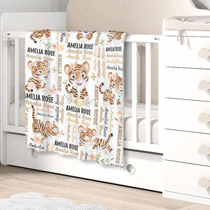 Personalized Baby Blanket for Girls Boys Kids Tiger Custom Baby Blanket with Name Throw Birthday Gift for Toddlers Infants Shower Newborns Nursery Stroller Crib Bed Decor