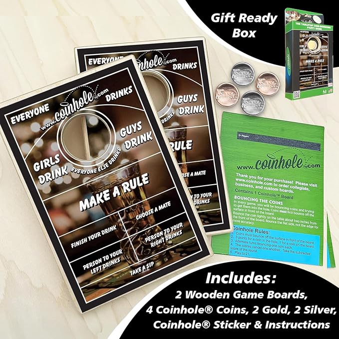 Coinhole Desktop Coin Bouncing Party Game Set | Tabletop Cornhole Board Game | Small Cornhole Travel Game Includes Coins