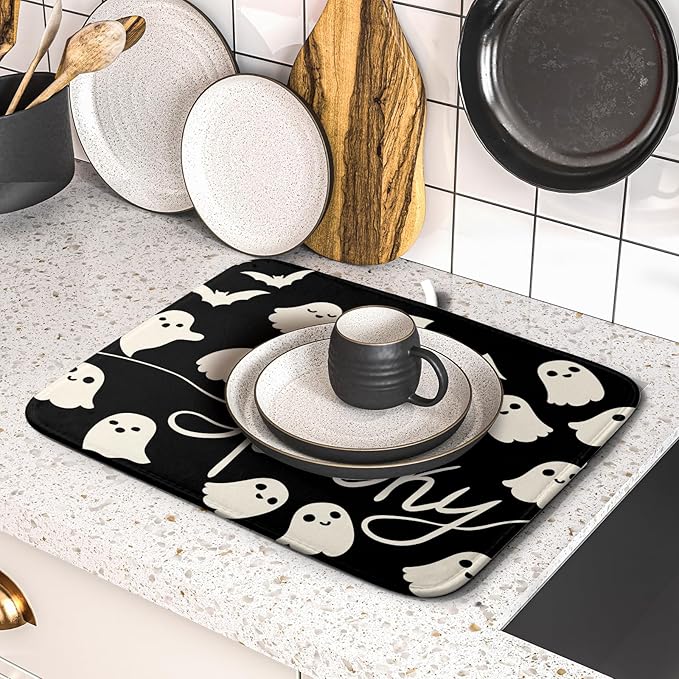 Halloween Dish Drying Mat for Kitchen Counter 16x18 Cute Ghost Black Spooky
