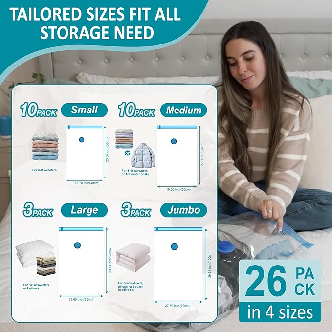 Cozy Essential 26 Pack Vacuum Storage Bags with Portable Electric Pump, Vacuum Seal Space Saver Bags for Clothing, Pillows, Blanket, Bedding, Comforters