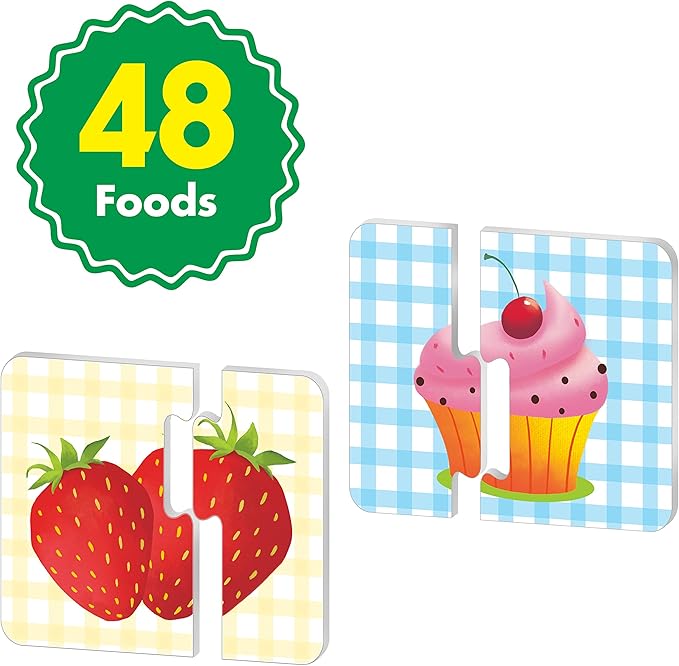 48 Food Matching Puzzles with Error-Correction Mechanism Pre-Primer in 2 Pieces, Perfect for Preschool Learning (24 Blocks Double Sided)