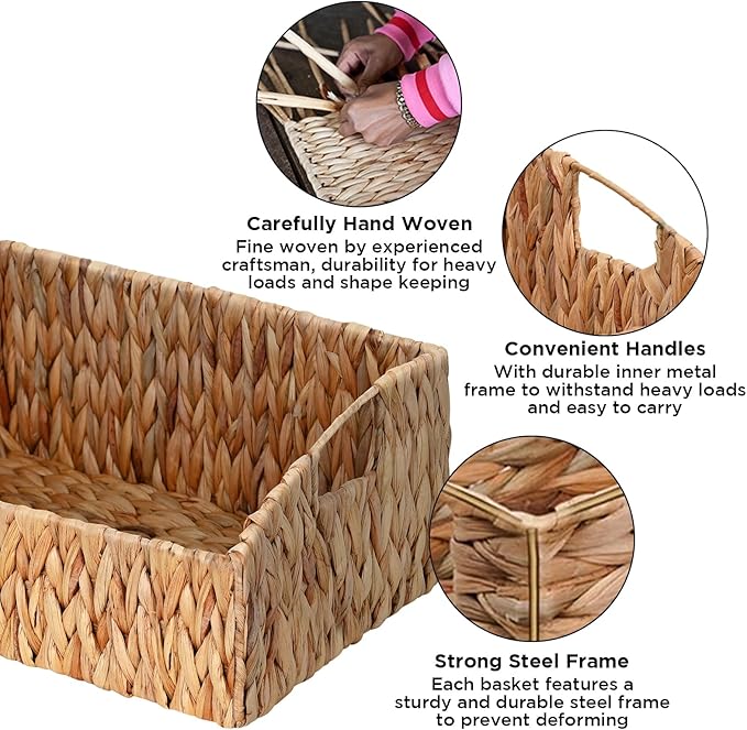 Ollieroo Natural Water Hyacinth Storage Baskets, Handwoven Wicker Storage Bins with Built-in Handles, Storage Container Baskets for Shelves, Bedroom, Bathroom, Laundry Room or Kitchen(Set of 3)