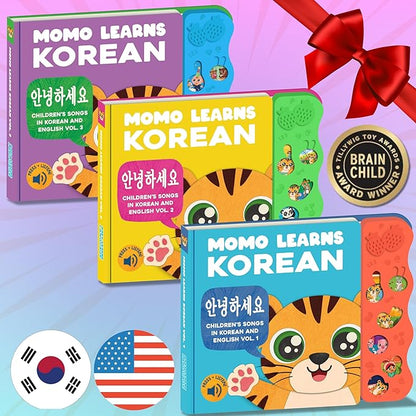 New! Learn Korean for Kids, Momo Learns Korean Vol. 1, Bilingual Korean Baby Book for Kids, Babies & Toddlers 1-3, Kids Board Book w/ Hangul, First Words & Songs, Language Toy for Preschoolers 0-3