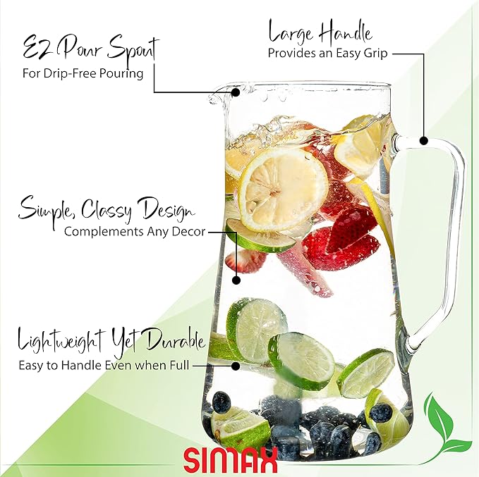 Simax Large Glass Pitcher With Spout, 2.5 Quart Borosilicate Glass Iced Tea