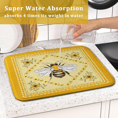 Giwawa Sunflower Bee Dish Drying Mat, Summer Rustic Sunshine Floral Dish