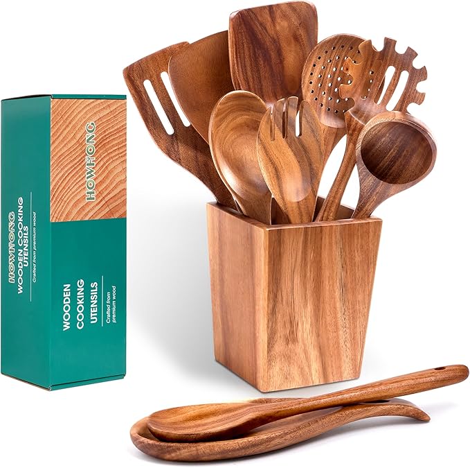 HOWHONG Wooden Spoons for Cooking, Premium Acacia Wood Kitchen Utensil Set
