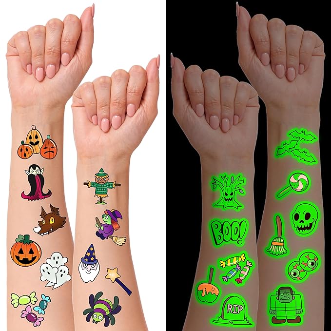 JOYIN 306 Pcs Halloween Glowing Temporary Tattoos for Kids, 42 Assorted Designs Bulk for Child Trick or Treat Game Gifts Halloween Party Favor Decorations Supplies Goodie Bags, Class Game Prizes