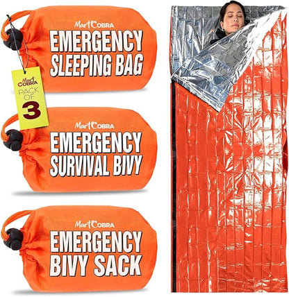 Emergency Sleeping Bag 3 Pack | for Survival Gear and Supplies Life Bivy Sack Waterproof Mylar Emergency Blankets for Survival Kit Car Camping Gear Hiking Tac Bivvy Go Bag Supplies Sleep Sacks Shelter