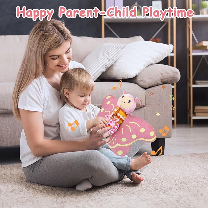 Baby Toys 0-6 Months,Infant Musical Sensory Stuffed Animal with Squeaker,Rattle,Crinkle Wings,Teether & Hanging Ring,Tummy Time Toy for Newborn 0-3-6-12 Months Boys & Girls Gift,Butterfly,Pink