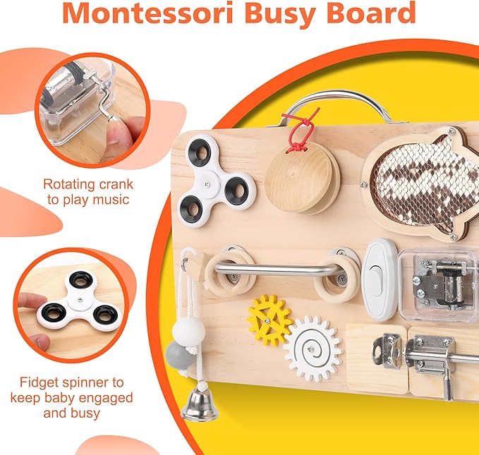 Wooden Busy Board for Toddlers, Montessori Sensory Toys for 1 2 3 4 Year Old, Autism Sensory Toys for Kids Boys Girls, Fine Motor Skills Travel Toys