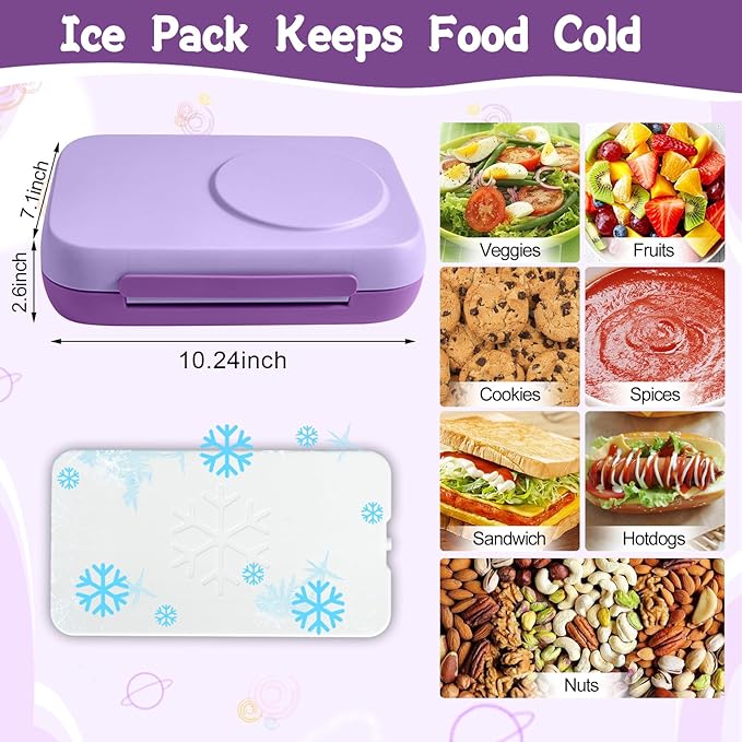 Bento Box for Kids,Kids Bento Lunch Box with Built-in Ice Pack for School,3 Compartments Leak Proof Lunch Container with Utensils for Girl Boy;BPA Free,Microwave & Dishwasher Safe, 44oz(Purple)