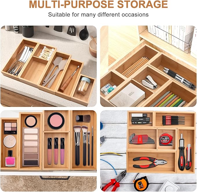 Bamboo Drawer Organizer 5 Pcs for Kitchen Multi-purpose Storage Dividers for
