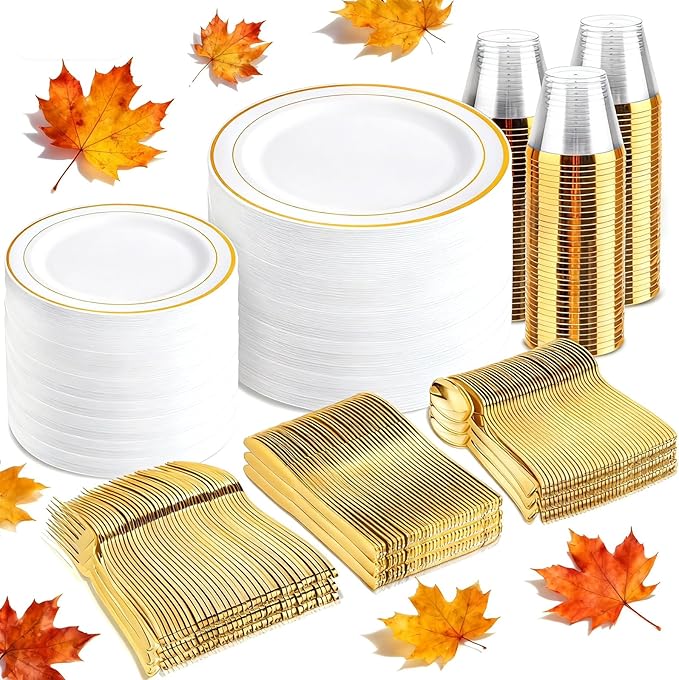 bUCLA 600Pcs White and Gold Plastic Plates - Gold Disposable Dinnerware Set for 100 Guests Include 100 Dinner & 100 Dessert Plates, 100 Cups, 100 Forks, 100 Spoons, 100 Knives for Thanksgiving