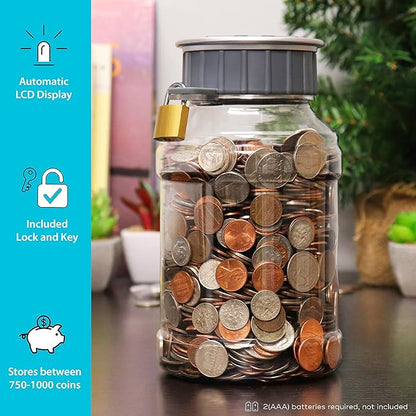 Locking Digital Coin Bank Savings Jar - Pennies Nickles Dimes Quarter Half Dollar Change Counter | Clear Jar with LCD Display