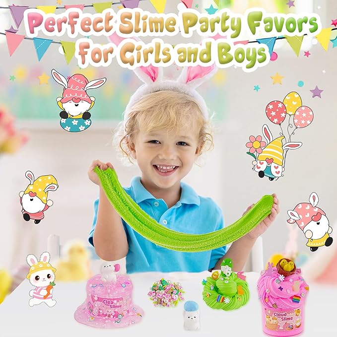 LAWOHO 6 Packs Bunny Pink Slime Kit -Cloud Clear Butter Slimes with Easter Charms & Add-ins, Soft Fluffy Slimes Kits for Girls & Boys, 360ml Pink & Green Easter Slime Making Kit Party Favor for Kids