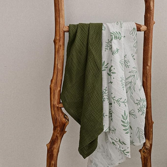 Muslin Receiving Blankets, Neutral Blanket Swaddling for Newborn Boys and Girls, 5 Pack Breathable and Skin-Friendly Swaddle Wrap for Infant Baby (Bright Leaves)