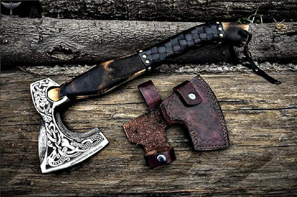 Custom Gift Forged Carbon Steel Viking Axe with Rose Wood Shaft, Viking Bearded Camping Axe & Hatchet, Best Birthday Gift for Him, 18 Inches (Medieval Axe)