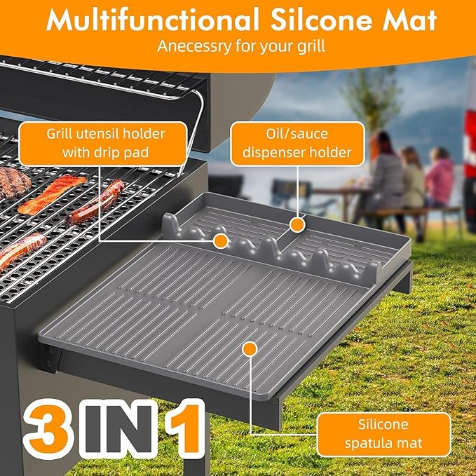 Griddle Mat Compatible with Blackstone, Silicone Grill Tools with Drip Pad, Spatula Mat for Outdoor Grill, Side Shelf Pad (Grey-2Pcs)