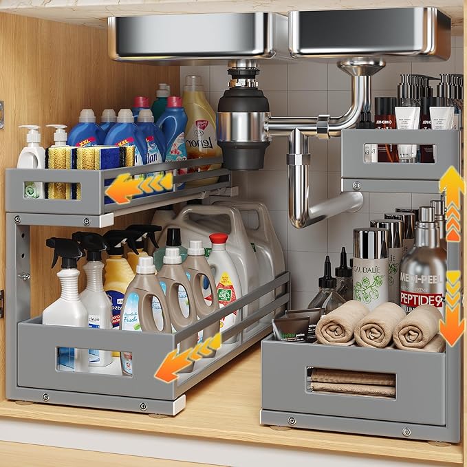 2-Pack 19"Deep Under Sink Organizer And Storage, 2-Tier L-Shaped Pull Out