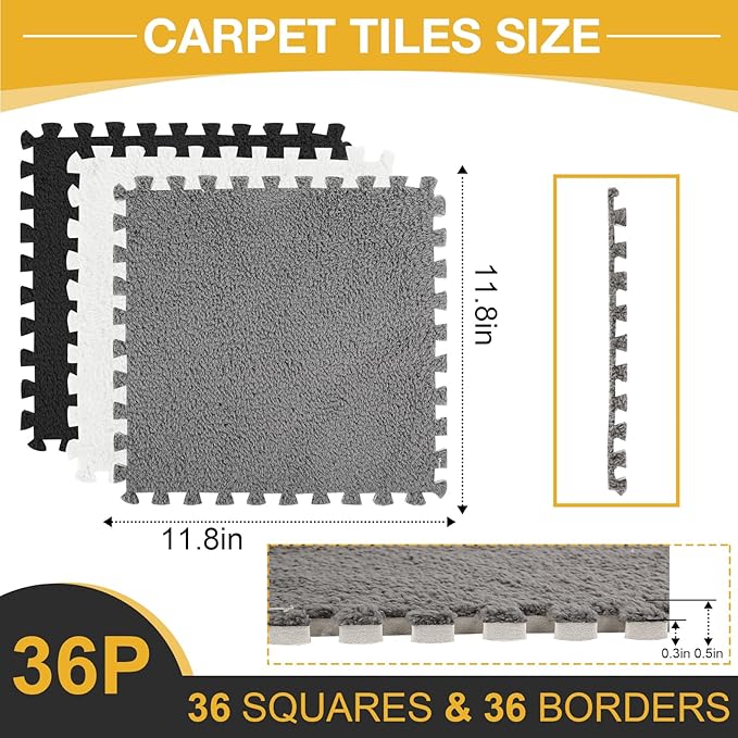 36 Pcs Plush Interlocking Carpet Tiles, Non-Toxic Foam Carpet Tiles for Toddler Baby, Machine-Washable, Anti-Slip, EVA Foam Interlocking Tiles for Floor, Nursery, Playroom, Grey White Black