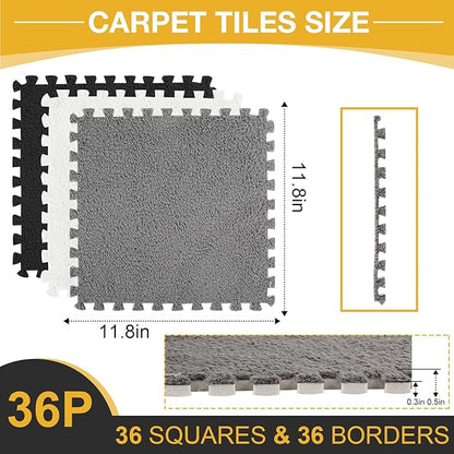 36 Pcs Plush Interlocking Carpet Tiles, Non-Toxic Foam Carpet Tiles for Toddler Baby, Machine-Washable, Anti-Slip, EVA Foam Interlocking Tiles for Floor, Nursery, Playroom, Grey White Black