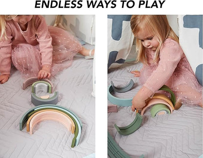 Montessori Style - Learning and Development Toy - Boho Rainbow Color Silicone Rainbow Stacker - Montessori Nesting Puzzle | Kids and Toddler | Stacking Sensory Toys - 12 Layers