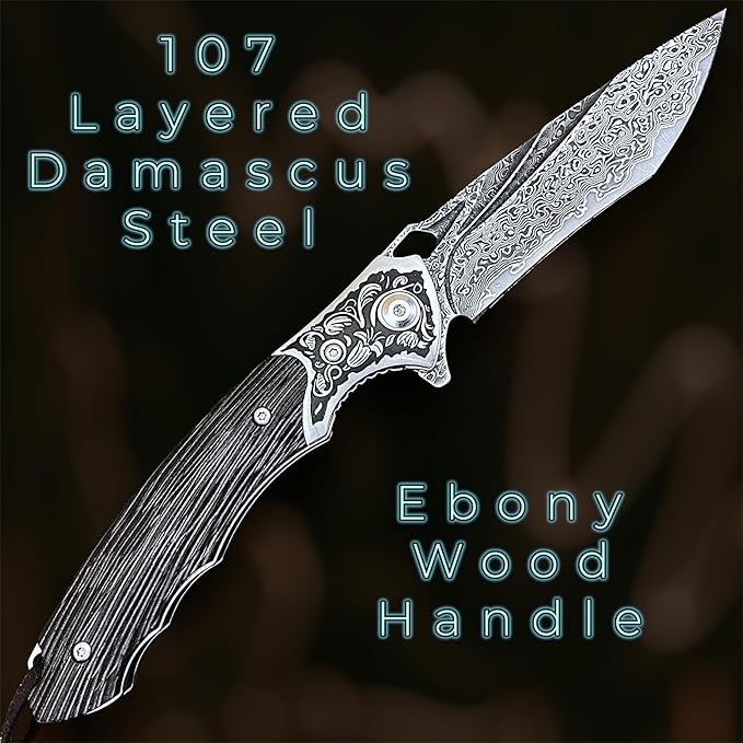 TACTICAL GEARZ Damascus Pocket Knife, Ebony Handle w/Carved Steel Head, Multi-Layered Damascus Steel VG10 Blade, Includes Stitched Leather Sheath (Kratos XT)