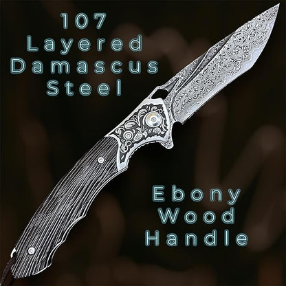 TACTICAL GEARZ Damascus Pocket Knife, Ebony Handle w/Carved Steel Head, Multi-Layered Damascus Steel VG10 Blade, Includes Stitched Leather Sheath (Kratos XT)