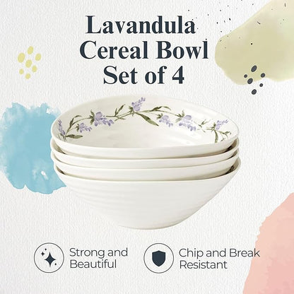 Portmeirion Sophie Conran Lavandula Cereal Bowls, Set of 4 – Ripple Design Floral Porcelain Serving Bowls for Soup, Salad, Dessert & Ice Cream – Stackable Lavender 7.5-Inch Everyday Dinnerware