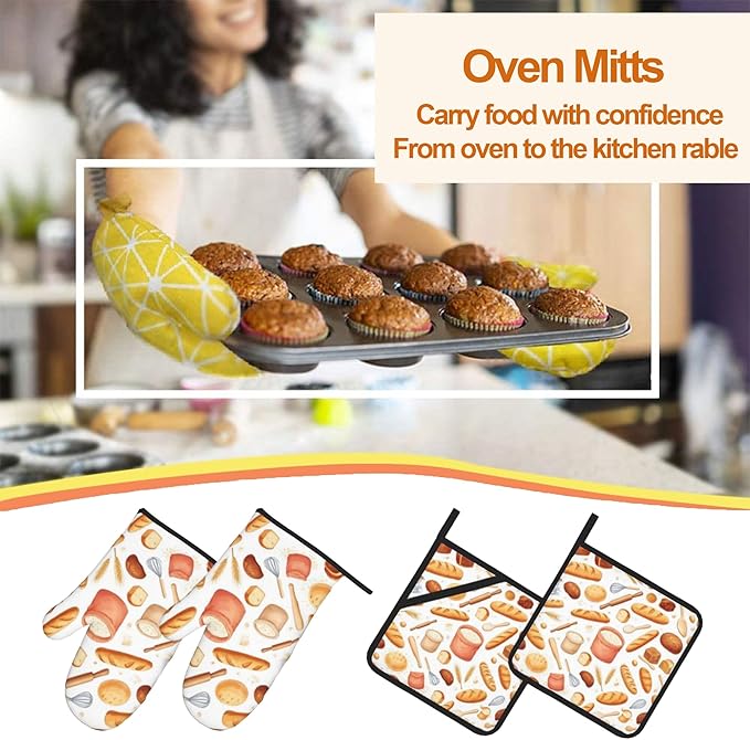 Kitchen Bread Oven Mitts with Matching Potholders