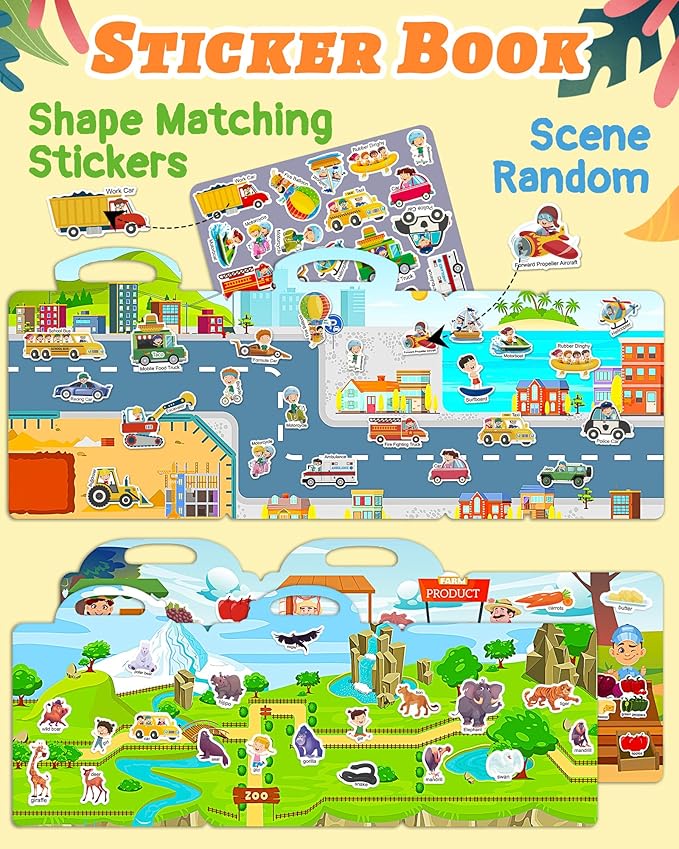 Benresive Reusable Sticker Book for Toddlers 2-4 Years, 3 Sets Travel Stickers for Kids, Waterproof Sticker Books for Toddlers 1-3, Crafts Activities for Todddlers 1-3 2-4 3-5