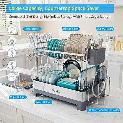 SUNLY Large Dish Drying Rack, 304 Stainless, Extra Large Drain Board
