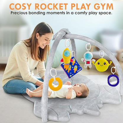 QUOKKA Baby Play Gym XL – Rocket-Shaped Baby Play Mat with 6 Large Sensory Toys – Tummy Time Mat for Infant Development – Machine Washable Newborn Essentials Must Haves – Gender Neutral Gift Items