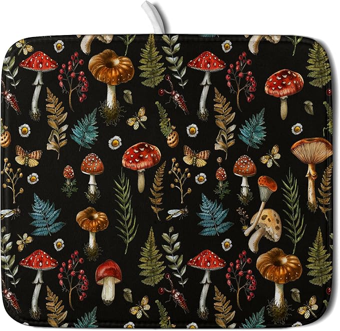 Mushroom Forest Dish Drying Mat Fern Leaves Black Drainer Mat