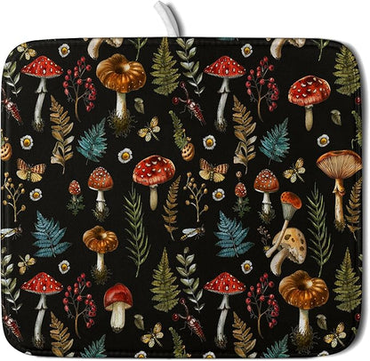 Mushroom Forest Dish Drying Mat Fern Leaves Black Drainer Mat